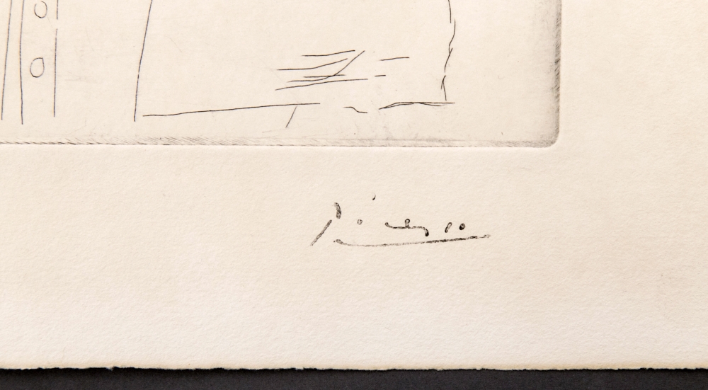 Pablo Picasso, Peintre chauve devant son Chevalet, punta seca, 1927, firma apostillada