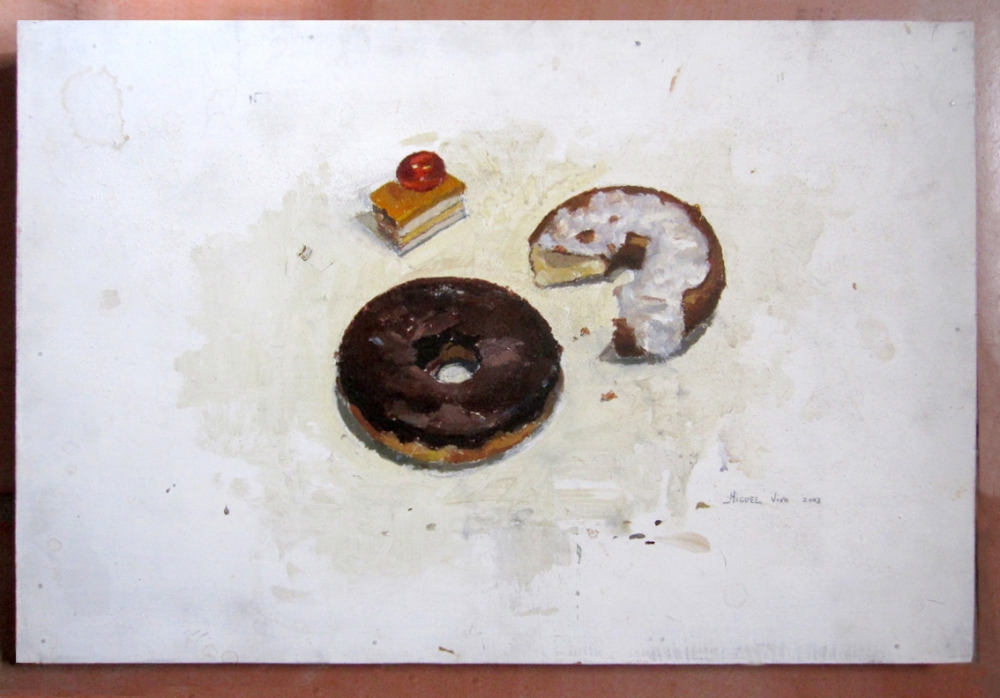 Miguel Vivo, pintura realista, bodegón con dulces, donuts, 2002