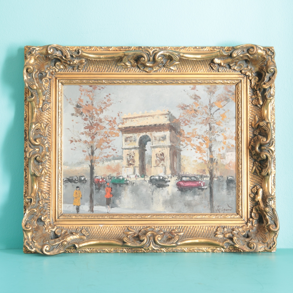 Pintura vintage del Arco del Triunfo de París, firmada Rigaud, hacia 1960