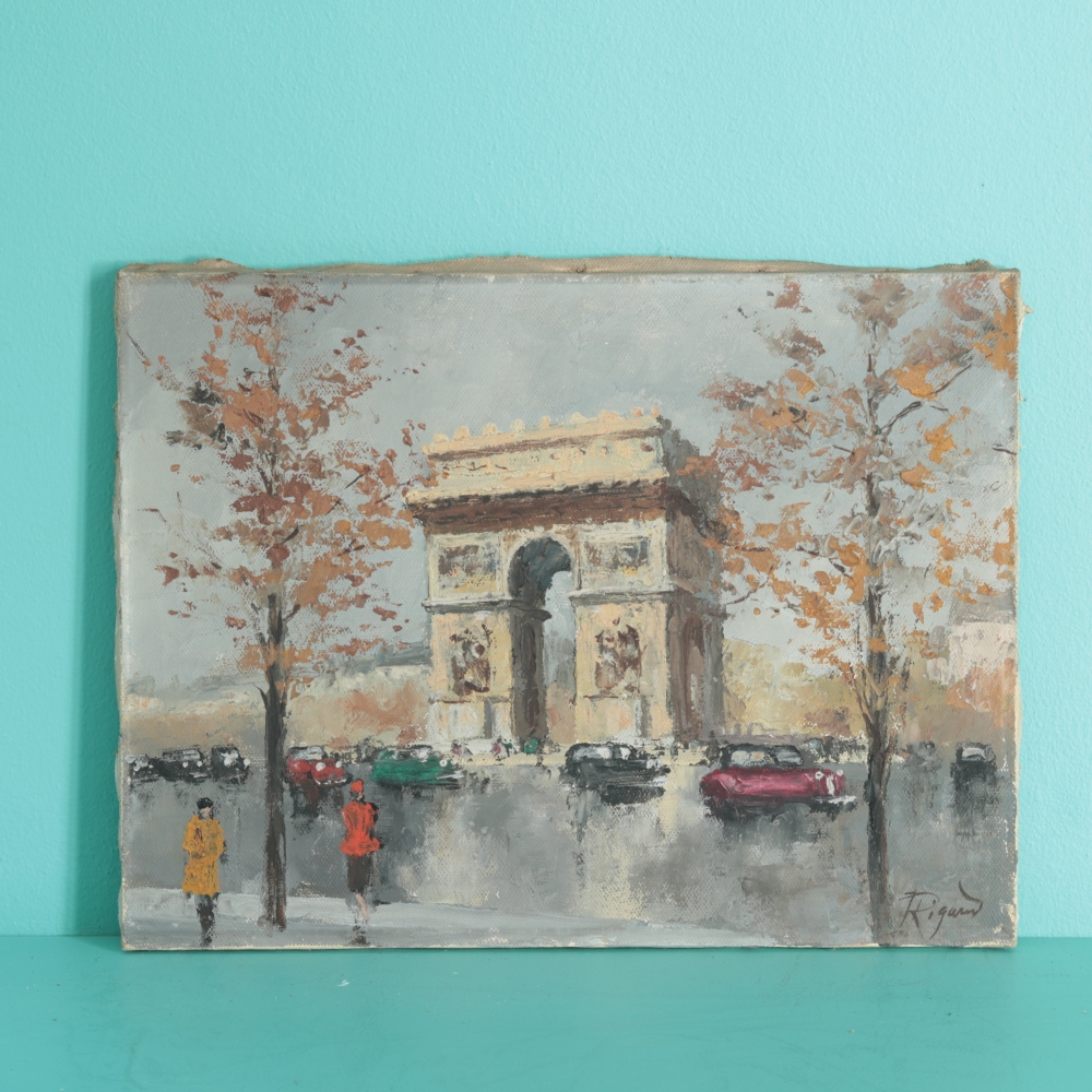 Pintura vintage del Arco del Triunfo de París, firmada Rigaud, hacia 1960