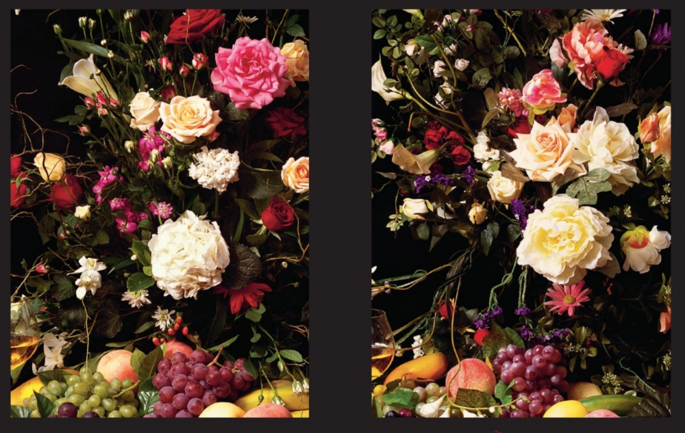 Lu Zhengyuan, fotografía contemporánea digital, bodegón con flores y frutas, 2008