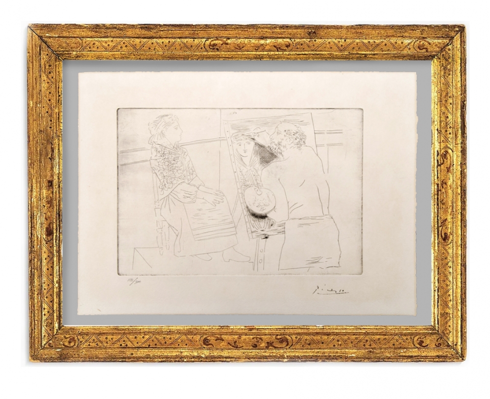 Pablo Picasso, Peintre chauve devant son Chevalet, punta seca, 1927, firma apostillada