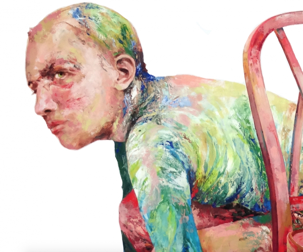 Samuel Salcedo, pintura contemporánea expresionista, hombre escondido, 2003