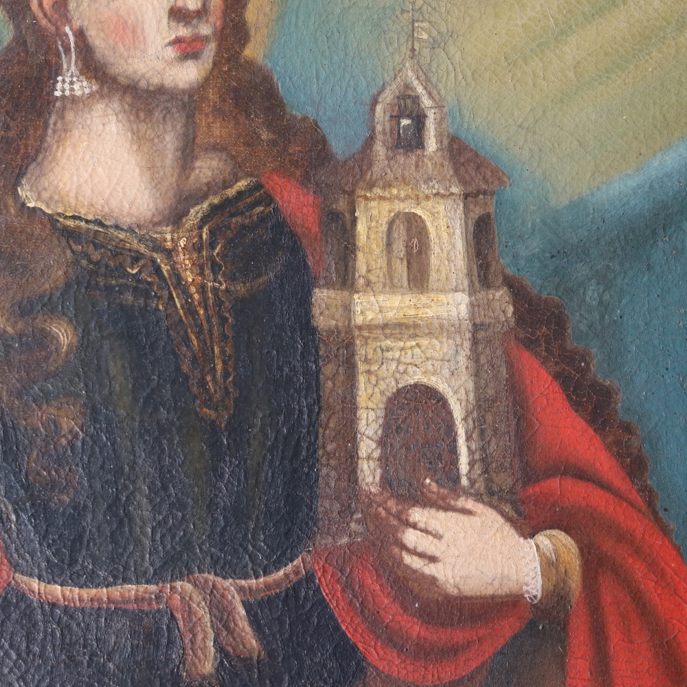 Santa Bárbara con escenas de su martirio, óleo antiguo, siglo XVIII