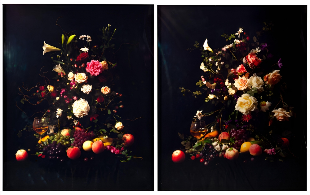 Lu Zhengyuan, fotografía contemporánea digital, bodegón con flores y frutas, 2008