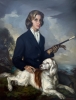 Francisco Ribera Gómez, retrato de una joven con perro de caza junto al mar, óleo