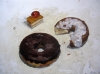 Miguel Vivo, pintura realista, bodegón con dulces, donuts, 2002