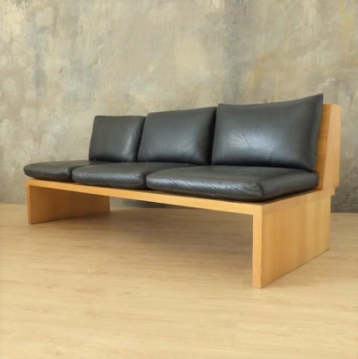 Daybed - Sofa vintage de madera con cojines de cuero, 1950 - 1960