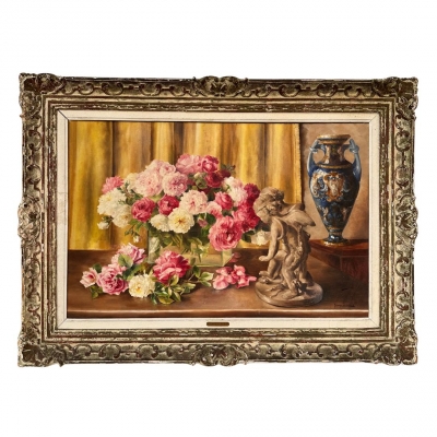 “Bodegón de rosas y jarrón”, Solange Devienne, Francia, siglo XX