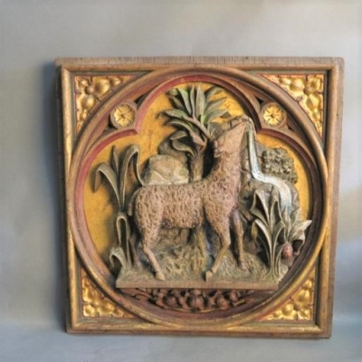 Cordero místico, Casetón procedente de un retablo, Relieve tallado y policromado, 1800-1820