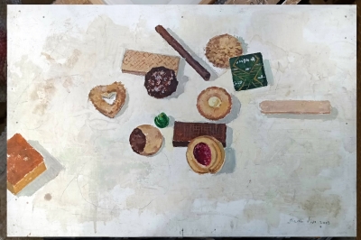 Miguel Vivo, pintura contemporánea, bodegón con dulces, galletas y pastas de té