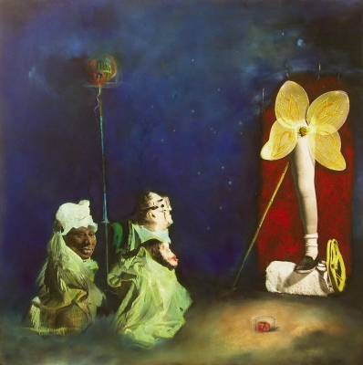 Mariano Sánchez, fotografía surrealista coloreada a mano, monos y pierna, 2002