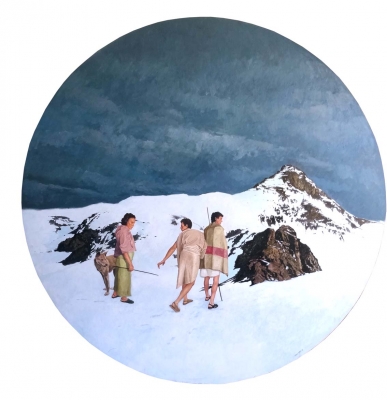 Alfredo López, expedición en la nieve, óleo sobre tabla, 2002, realismo mágico
