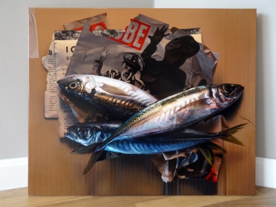 Javier Arizabalo, pintura hiperrealista, bodegón con peces, 2018
