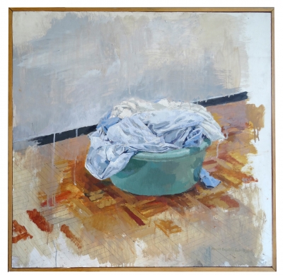 Ricardo González, pintura realista, bodegón caldero con ropa, 2000