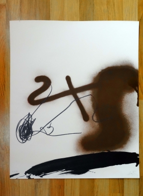 Antoni Tápies, litografía, abstracción con cruz