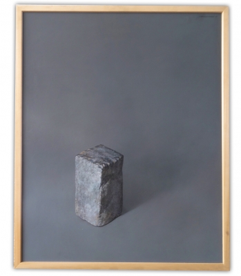 Federico Rodríguez González, pintura figurativa, bodegón minimalista con piedra, 2000