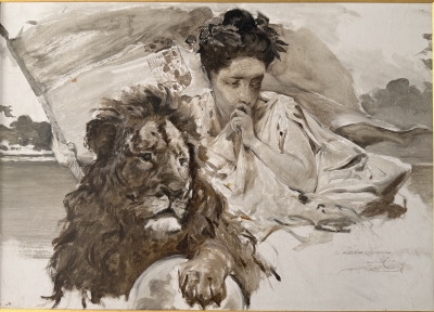 Pedro Sáenz Sáenz, Málaga, grisalla sobre cartón, Madrid 1898, alegoría de España