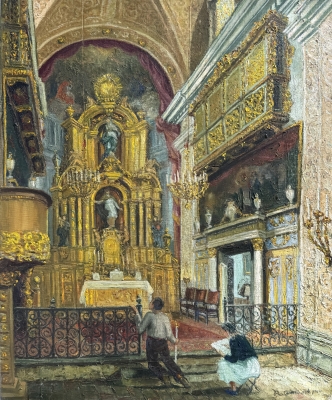 Ramón Gimbert Canals, interior de la iglesia de Sant Sever de Barcelona, óleo firmado