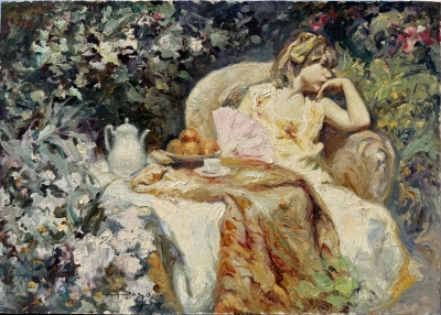 José Royo, Mujer en jardín mediterráneo, óleo sobre lienzo, años 90