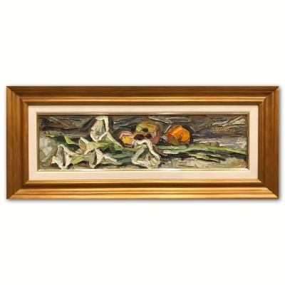 ”Naturaleza Muerta con Calas Blancas y Frutas”, Roberto Ortuño Pascual (1953), años 80 del siglo XX