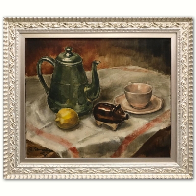 ”Stilleven met Varkentje, Kruik en Citroen op een Tafel”, Gust Dierikx (1924-2019), 1942
