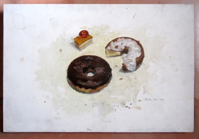 Miguel Vivo, pintura realista, bodegón con dulces, donuts, 2002
