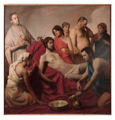 Manuel Paez Álvarez, pintura figurativa contemporánea, escena descendimiento, mitología Apolo