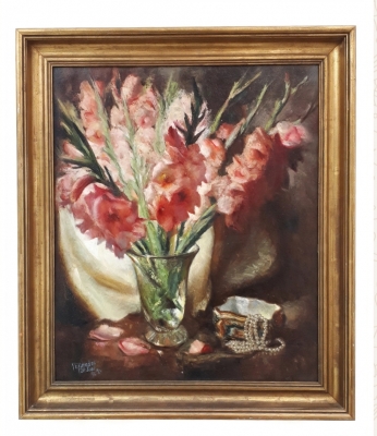 José Paredes Jardiel, bodegón de gladiolos, óleo sobre lienzo, 1950
