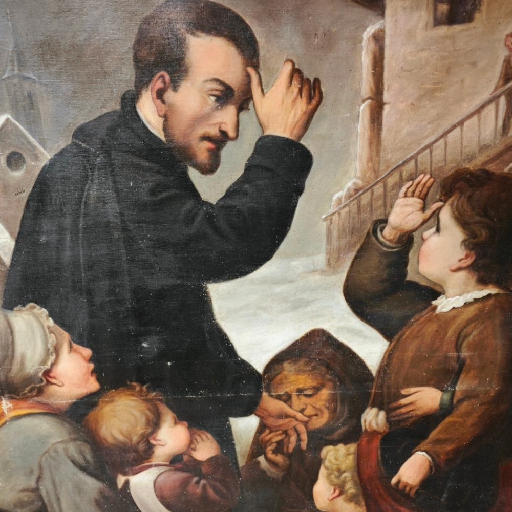 Óleo sobre lienzo, Juan Francisco Régis enseñando el signo de la cruz a los pobres