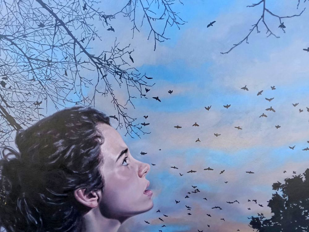 Jorge Pérez Parada, pintura figurativa, atardecer con pájaros, 2020