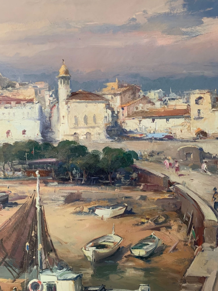 Josep Sarquella, Vista del puerto de Palamós, óleo sobre lienzo, Costa Brava, 1974