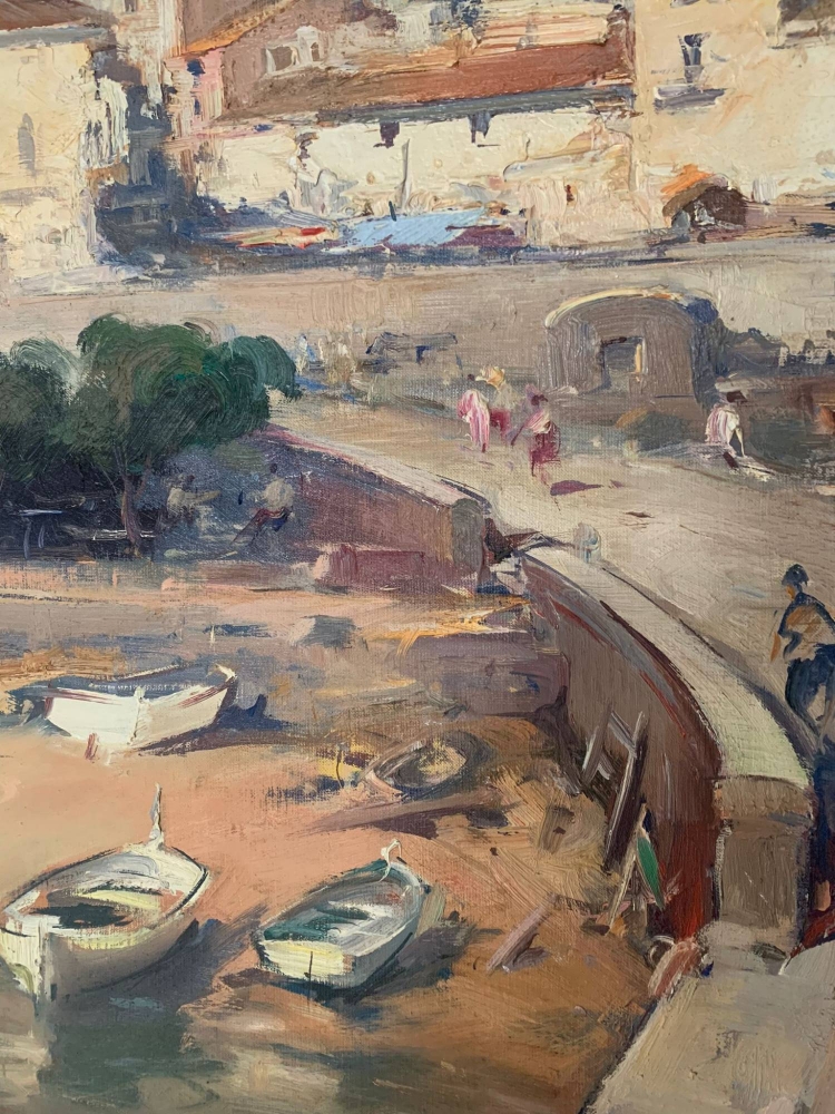 Josep Sarquella, Vista del puerto de Palamós, óleo sobre lienzo, Costa Brava, 1974
