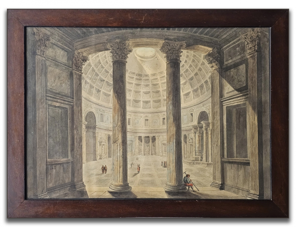 Conjunto de 4 dibujos académicos de arquitectura, acuarela y tinta aguada, vistas de Roma, firmados por Augusto Martínez, Roma, 1937