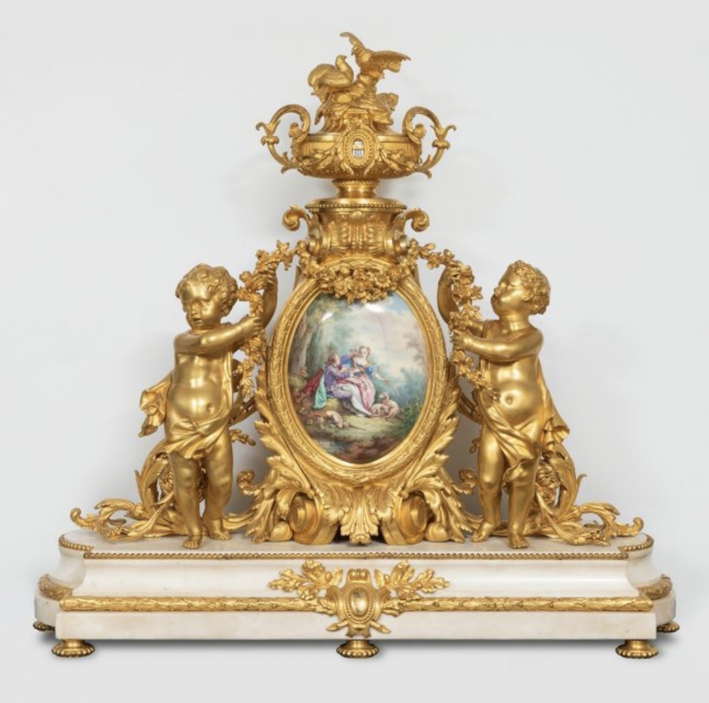 Reloj de sobremesa francés, ”Tournant”, estilo Luis XV, Napoleón IlI, París, 1855