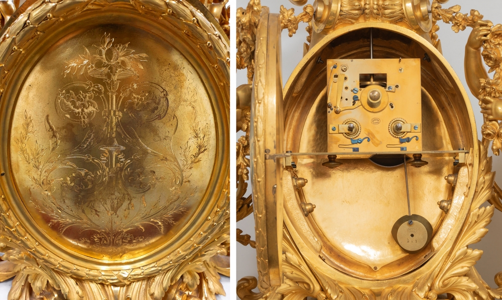 Reloj de sobremesa francés, ”Tournant”, estilo Luis XV, Napoleón IlI, París, 1855