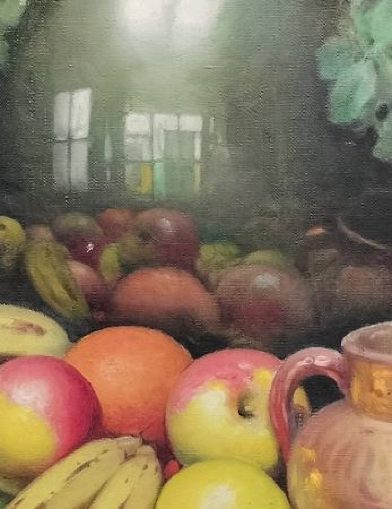 José Marced Furió, Bodegón con florero, jarrones y frutas, óleo sobre lienzo, España, siglo XX 