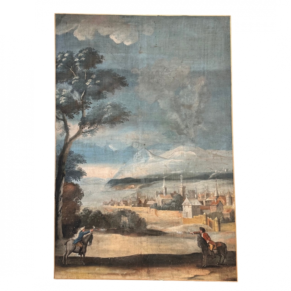 Pintura al agua sobre lino, “Duelo de caballeros”, escuela francesa, siglo XVIII
