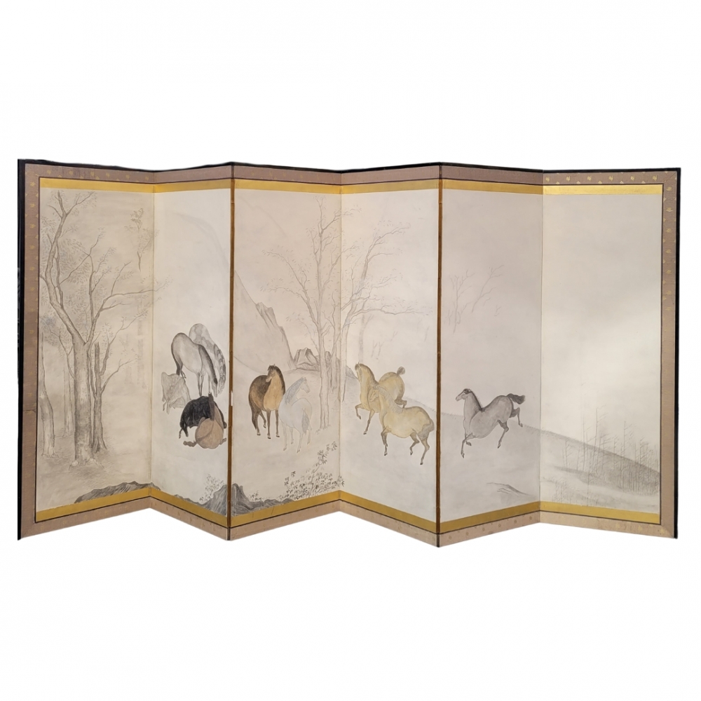 Biombo Byôbu “Caballos salvajes”, Escuela Kano, periodo Edo, Japón, siglo XIX