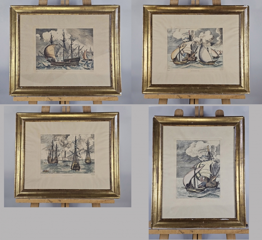Colección de 4 grabados náuticos, según Pieter Bruegel el Viejo, edición en papel verjurado con filigrana del siglo XIX