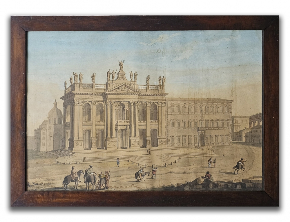 Conjunto de 4 dibujos académicos de arquitectura, acuarela y tinta aguada, vistas de Roma, firmados por Augusto Martínez, Roma, 1937
