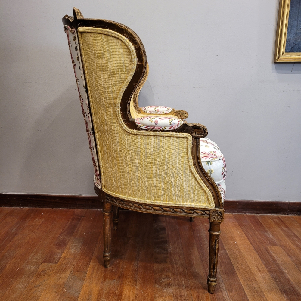 Sillón corbeille en madera, tapizado Pierre Frey, Luis XVI, Francia, circa 1820