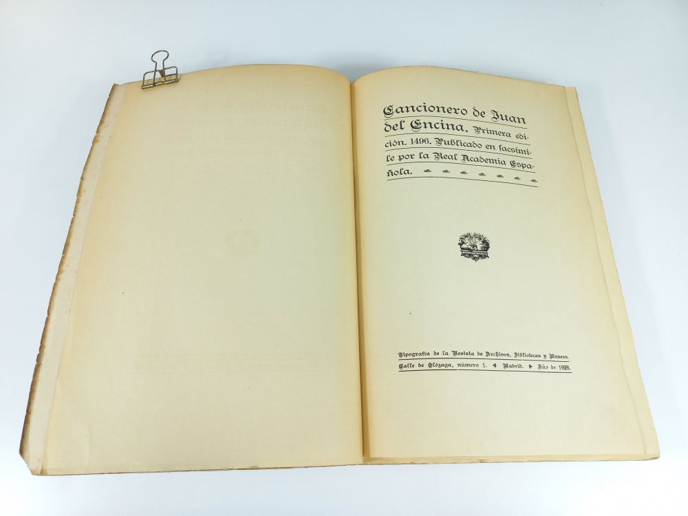 Cancionero de Juan del Encina, 1496. Facsímile Real Academia Española, Madrid 1928, primera edición facsímil del incunable