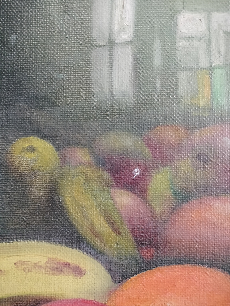José Marced Furió, Bodegón con florero, jarrones y frutas, óleo sobre lienzo, España, siglo XX 