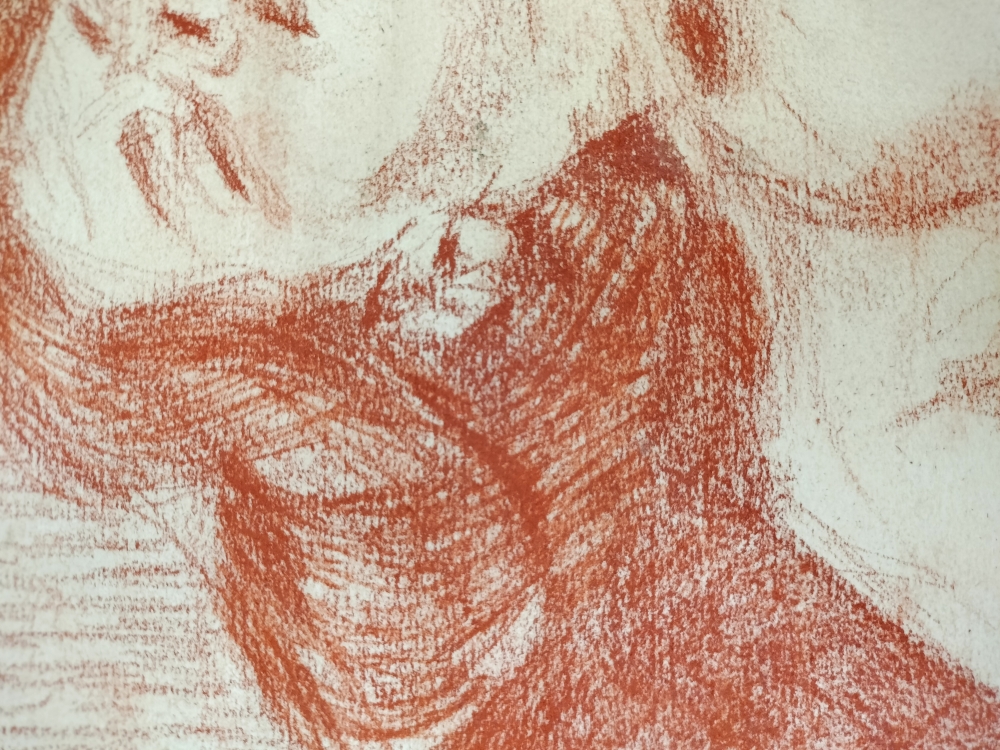 Óscar Tusquets, desnudo femenino recostado, sanguina sobre papel, España, 1975