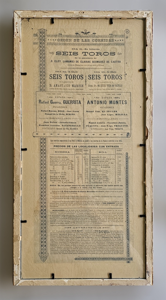 Cartel de toros de 1899, Salamanca (Guerrita y Antonio Montes), doble cara enmarcado con cristal