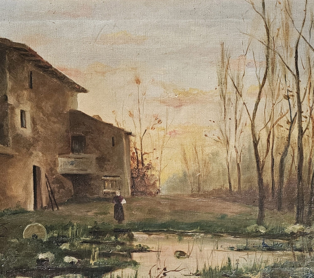 Paisaje costumbrista catalán, pintura al óleo, siglo XIX-XX