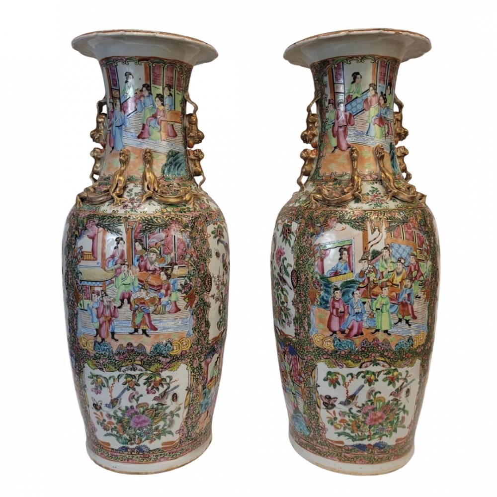 Pareja de jarrones de porcelana, Familia Rosa, Dinastía Qing, Cantón, China, siglo XIX