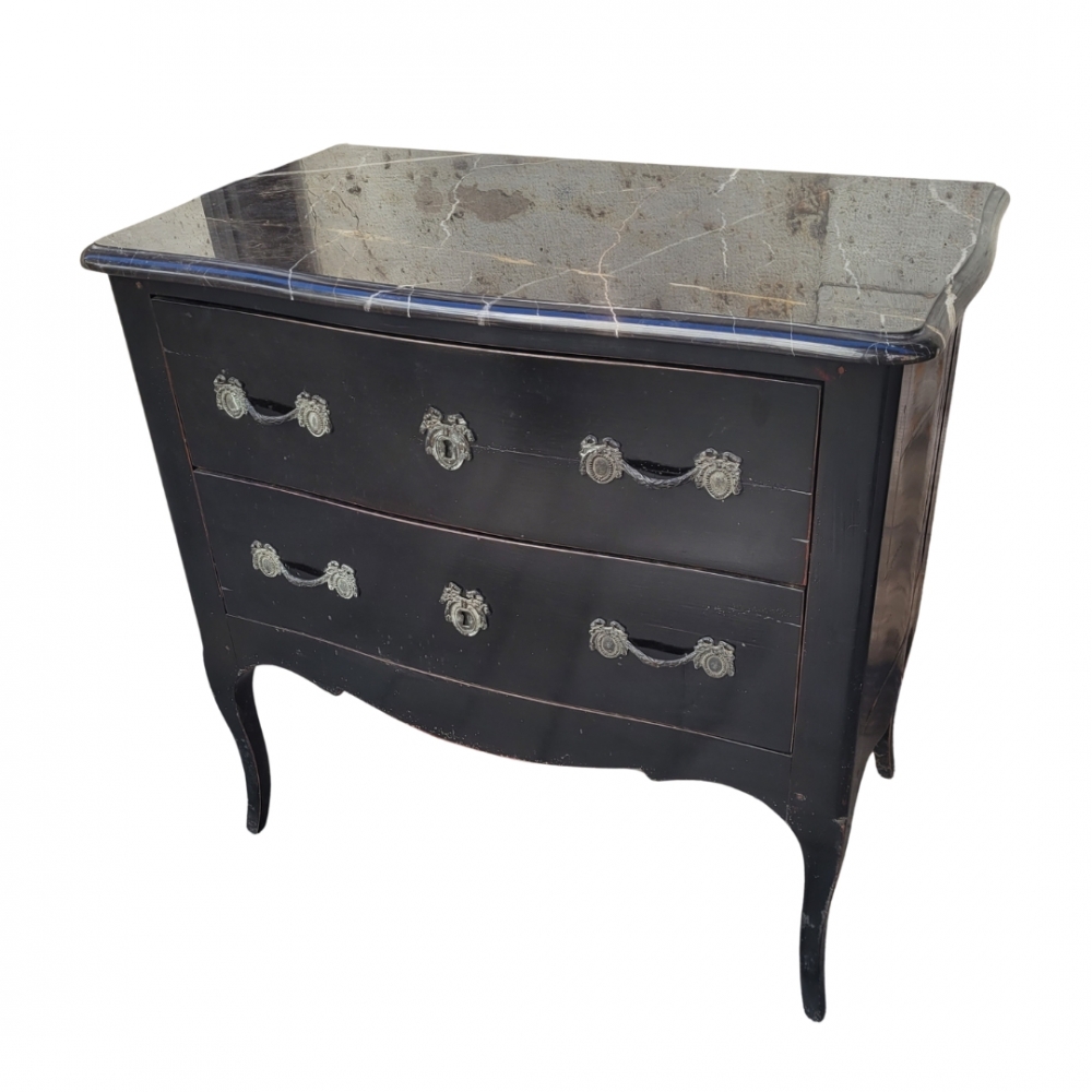 Cómoda negra estilo Luis XV, madera ebonizada y mármol, Francia, siglo XX
