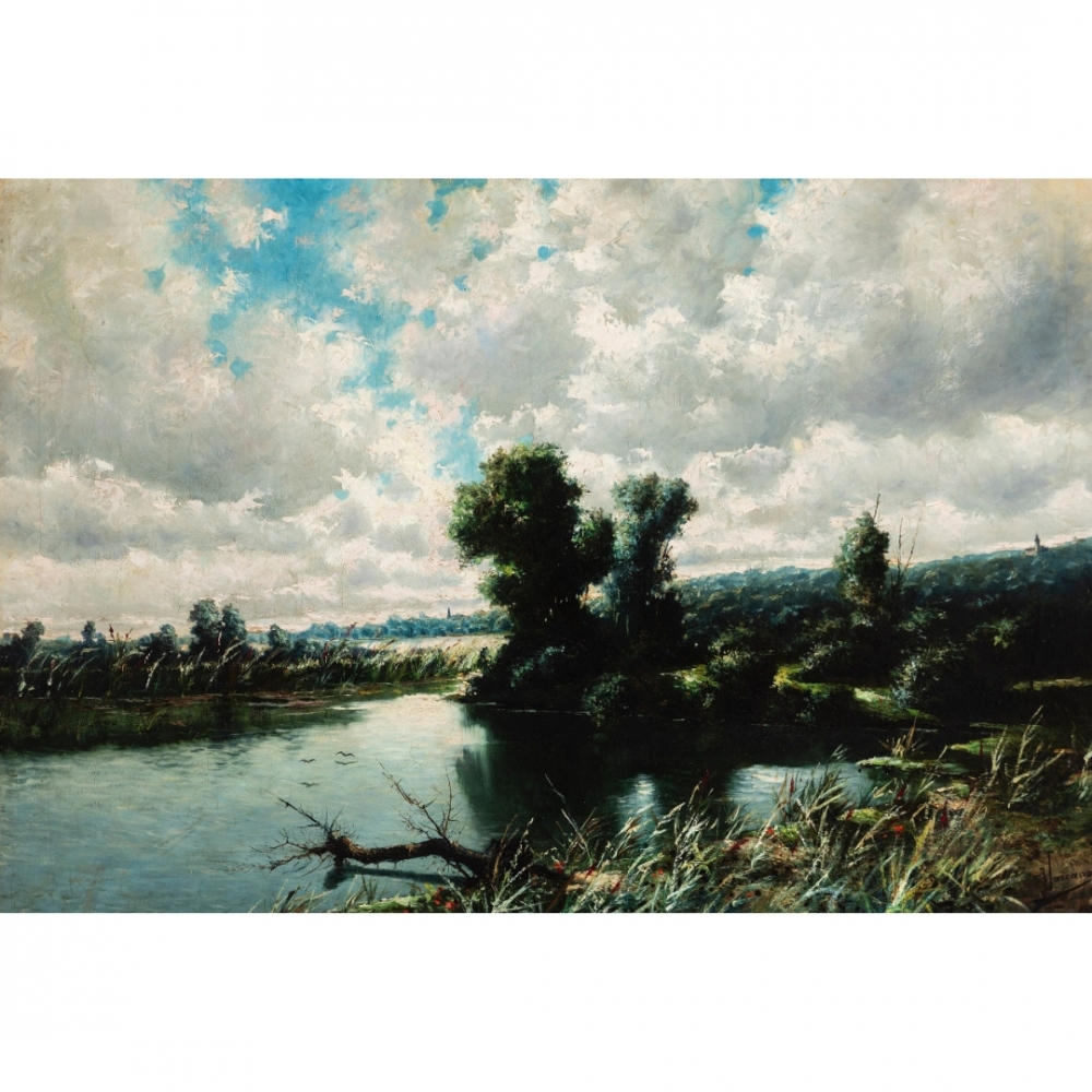Antonio Cánovas del Castillo y Vallejo, “Paisaje fluvial”, firmado Vascano, España, principios del siglo XX